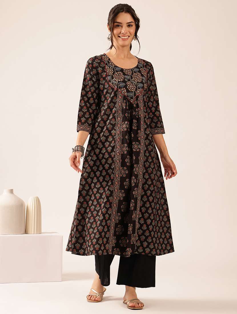 women printed three quarter sleeves a-line kurta