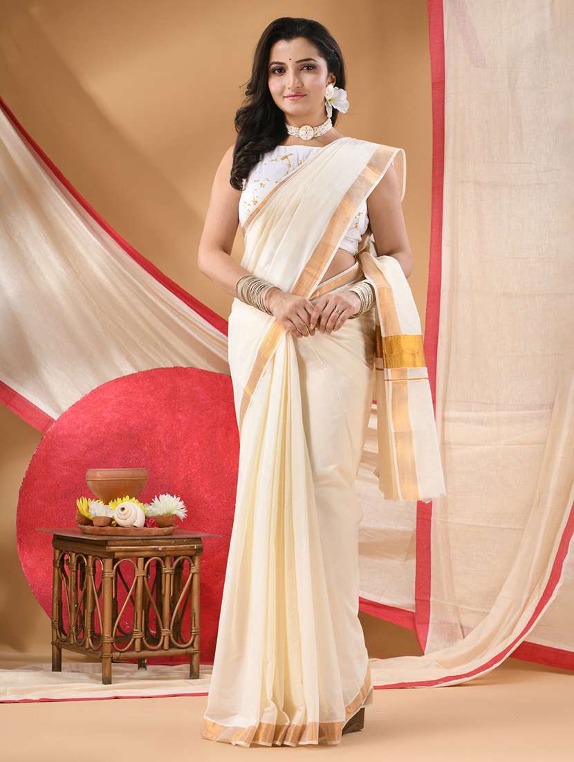 women solid kasavu saree with blouse