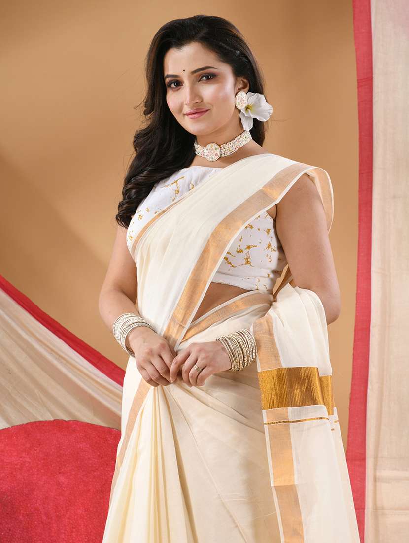 women solid kasavu saree with blouse - 22569687 -  Standard Image - 1