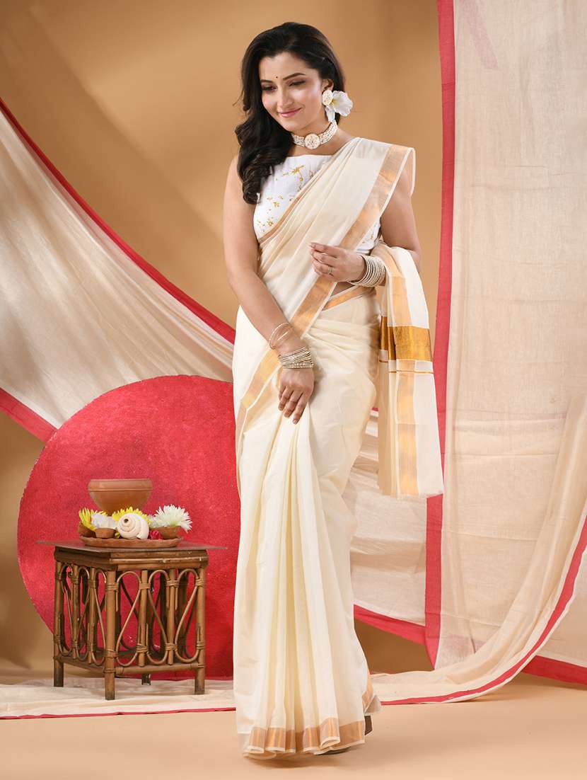 women solid kasavu saree with blouse - 22569687 -  Standard Image - 4