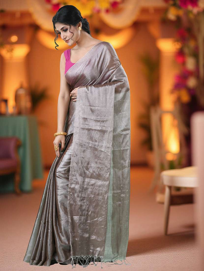 women solid handloom saree with blouse - 22569704 -  Standard Image - 4
