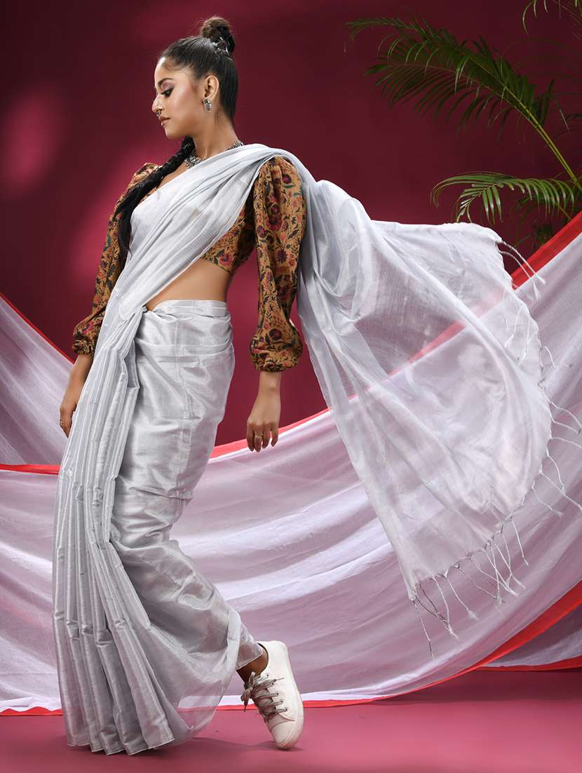 women solid handloom saree with blouse - 22569705 -  Standard Image - 4