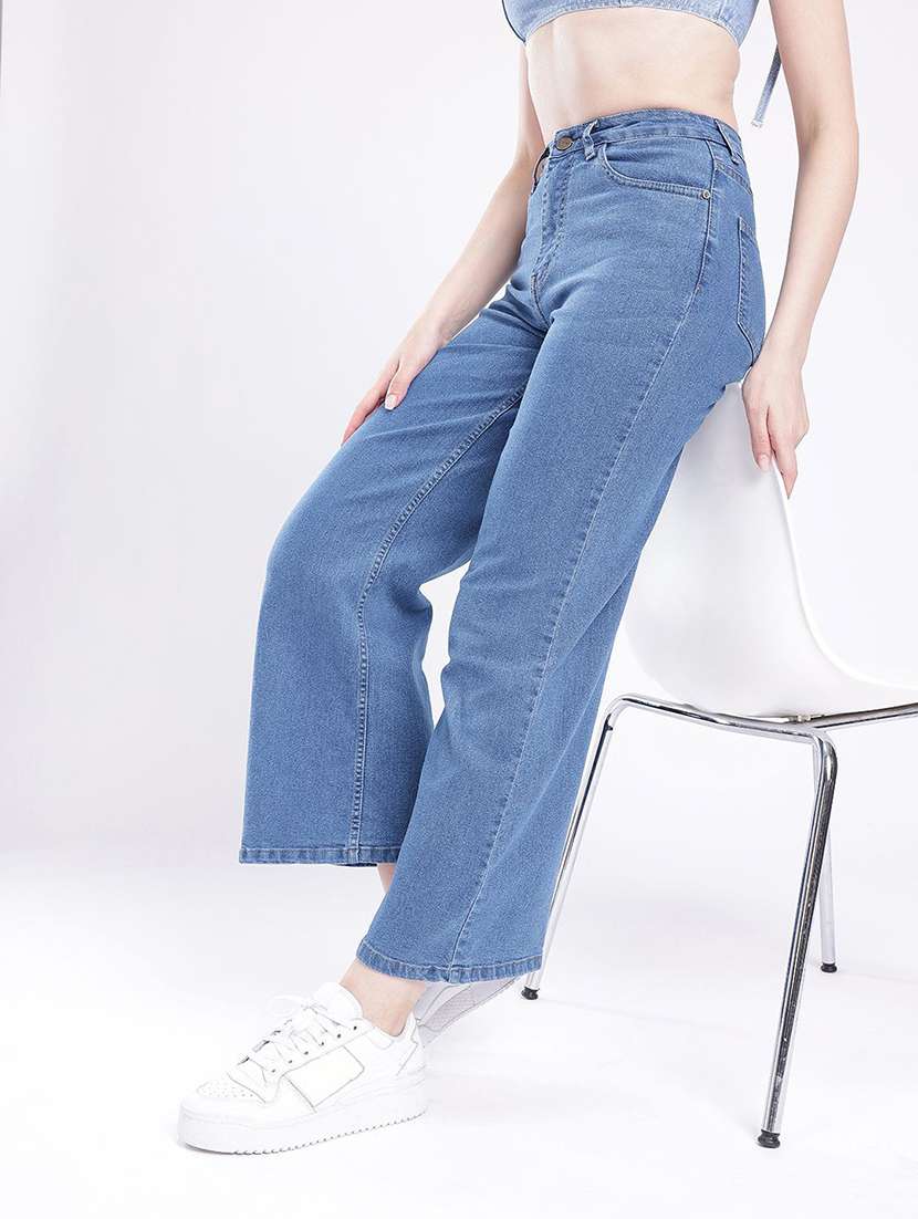 women solid high rise bootcut jeans