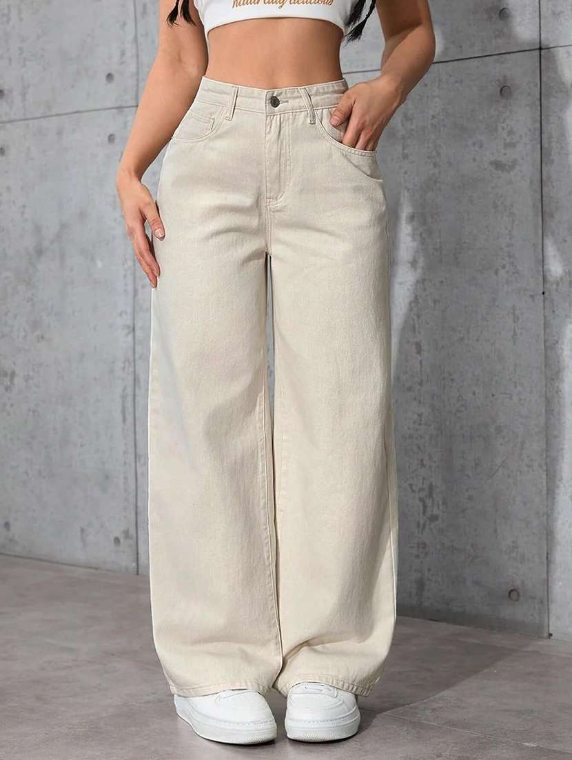women solid high rise baggy jeans