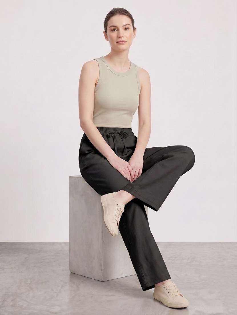 women solid high rise wide leg trouser - 22570375 -  Standard Image - 4