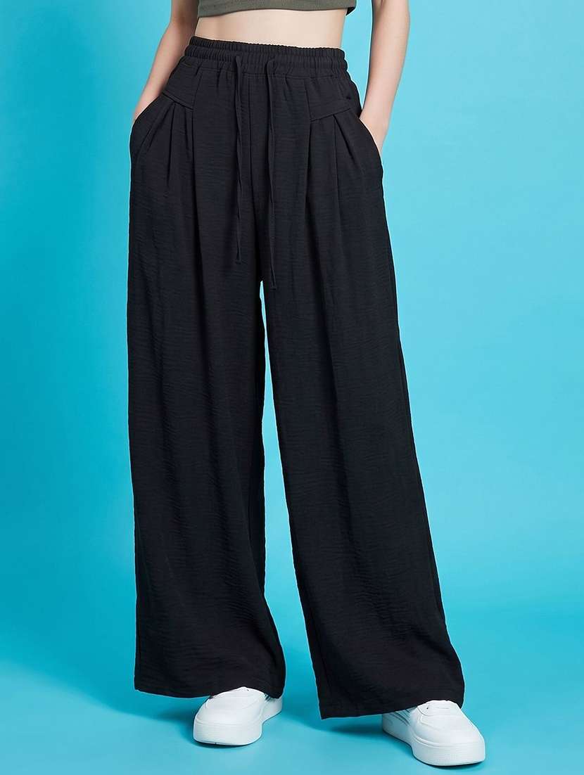 women solid high rise wide leg trouser