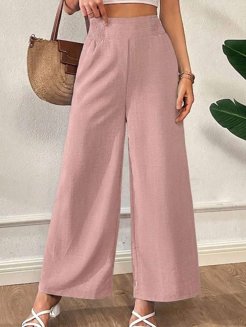 women solid high rise wide leg trouser
