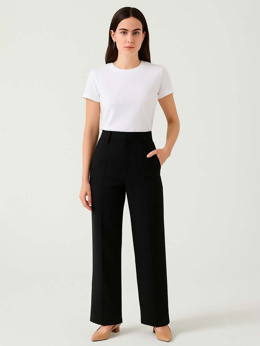 women solid high rise straight trouser - 22570389 -  Standard Image - 4