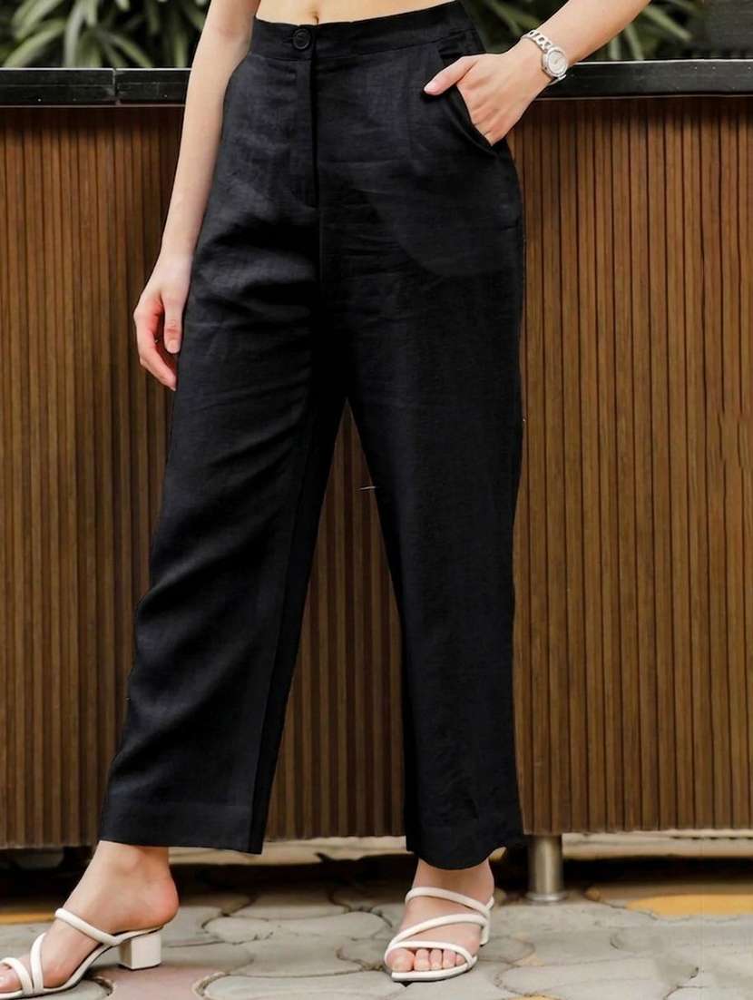 women solid mid rise straight trouser
