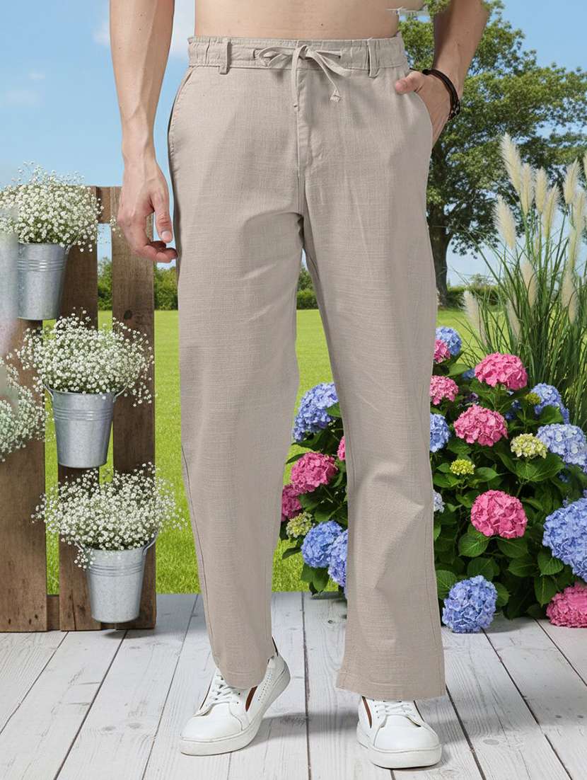 men solid mid rise relaxed fit flat front trouser