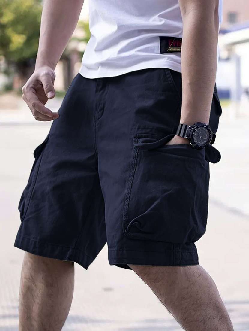 Men Solid Mid Rise Regular Fit Cargo Shorts - 22570790 -  Standard Image - 1