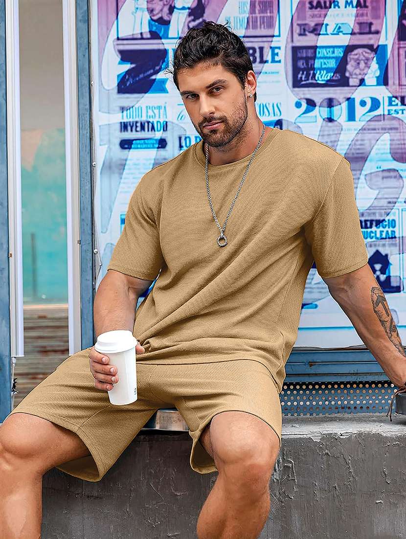 men textured short sleeves t-shirt and shorts co-ord set - 22570856 -  Standard Image - 1