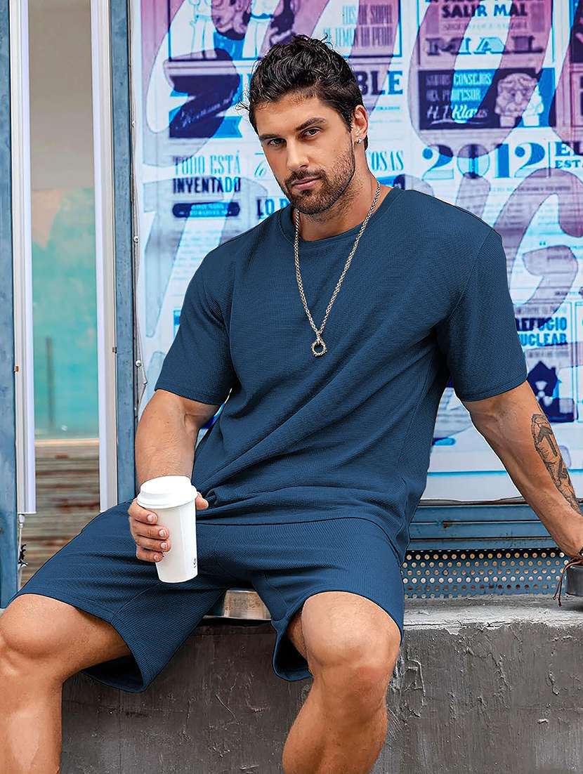 men textured short sleeves t-shirt and shorts co-ord set - 22570875 -  Standard Image - 1