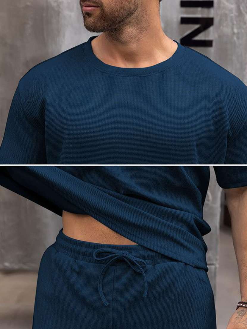 men textured short sleeves t-shirt and shorts co-ord set - 22570875 -  Standard Image - 4
