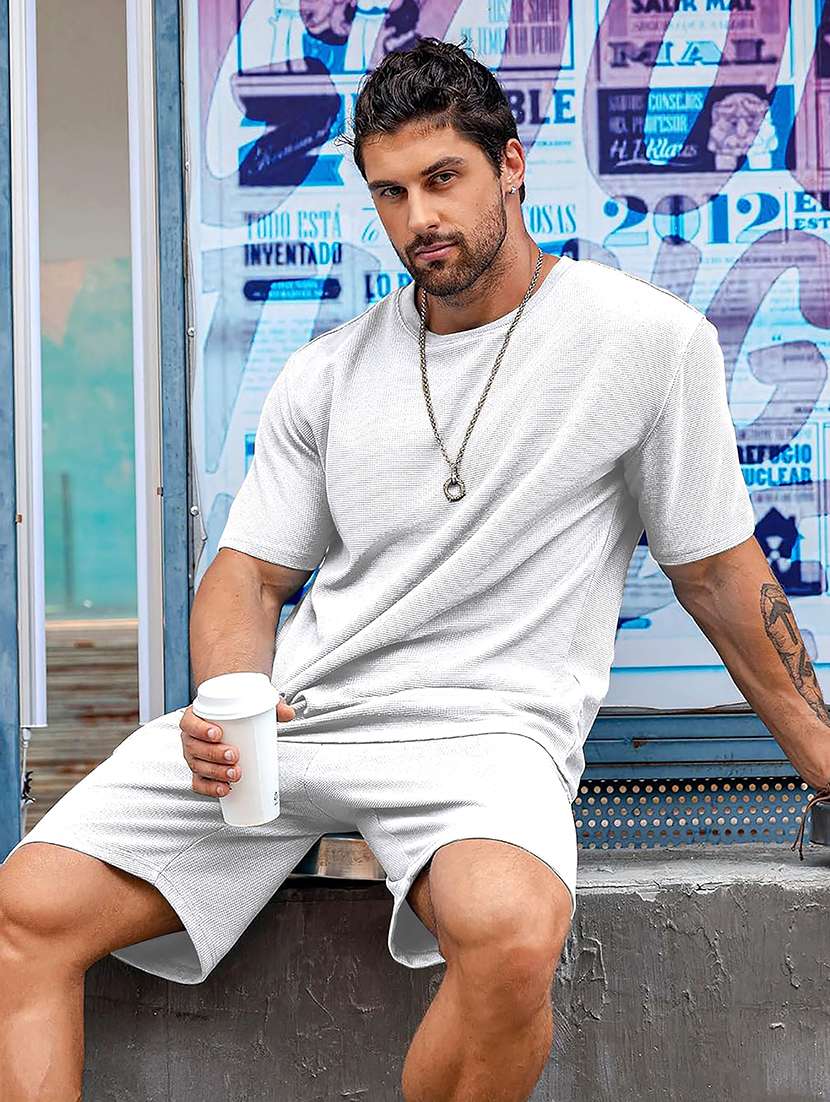 men textured short sleeves t-shirt and shorts co-ord set - 22570884 -  Standard Image - 1