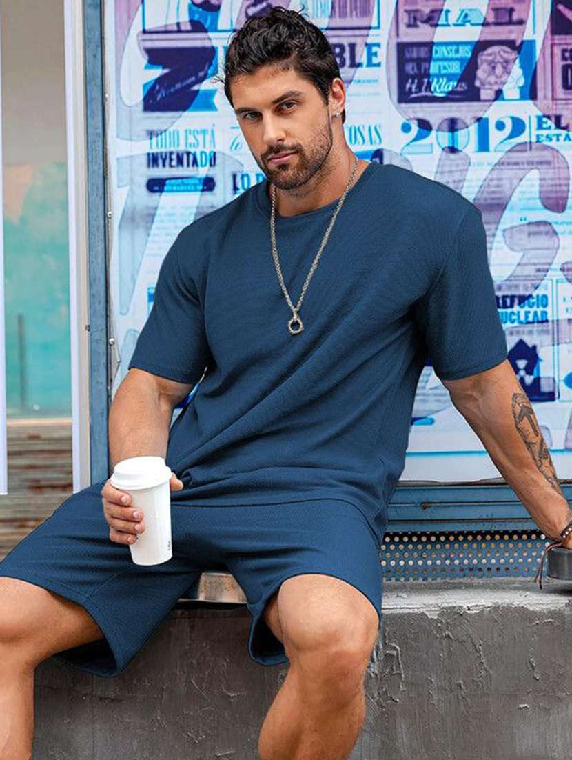 men textured short sleeves t-shirt and shorts co-ord set - 22570909 -  Standard Image - 1