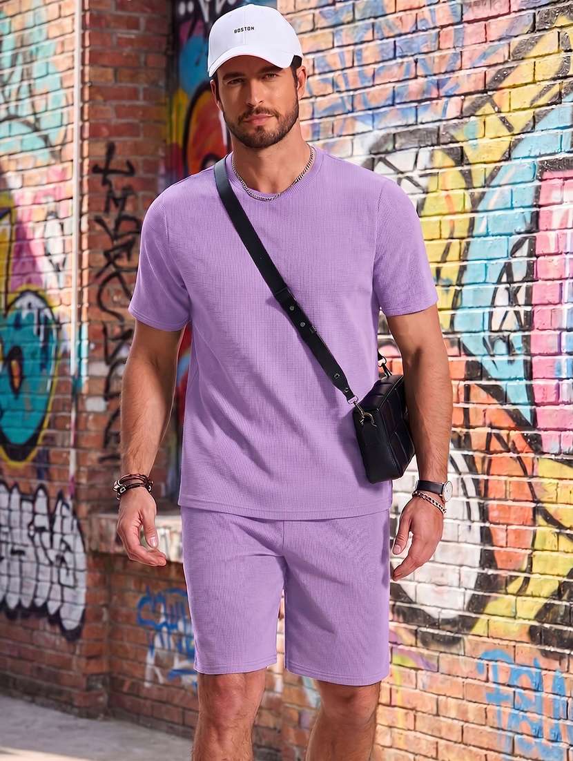 men textured short sleeves t-shirt and shorts co-ord set - 22570912 -  Standard Image - 1