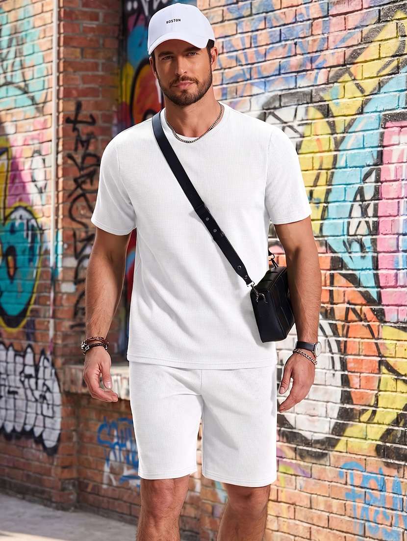men textured short sleeves t-shirt and shorts co-ord set - 22570913 -  Standard Image - 1