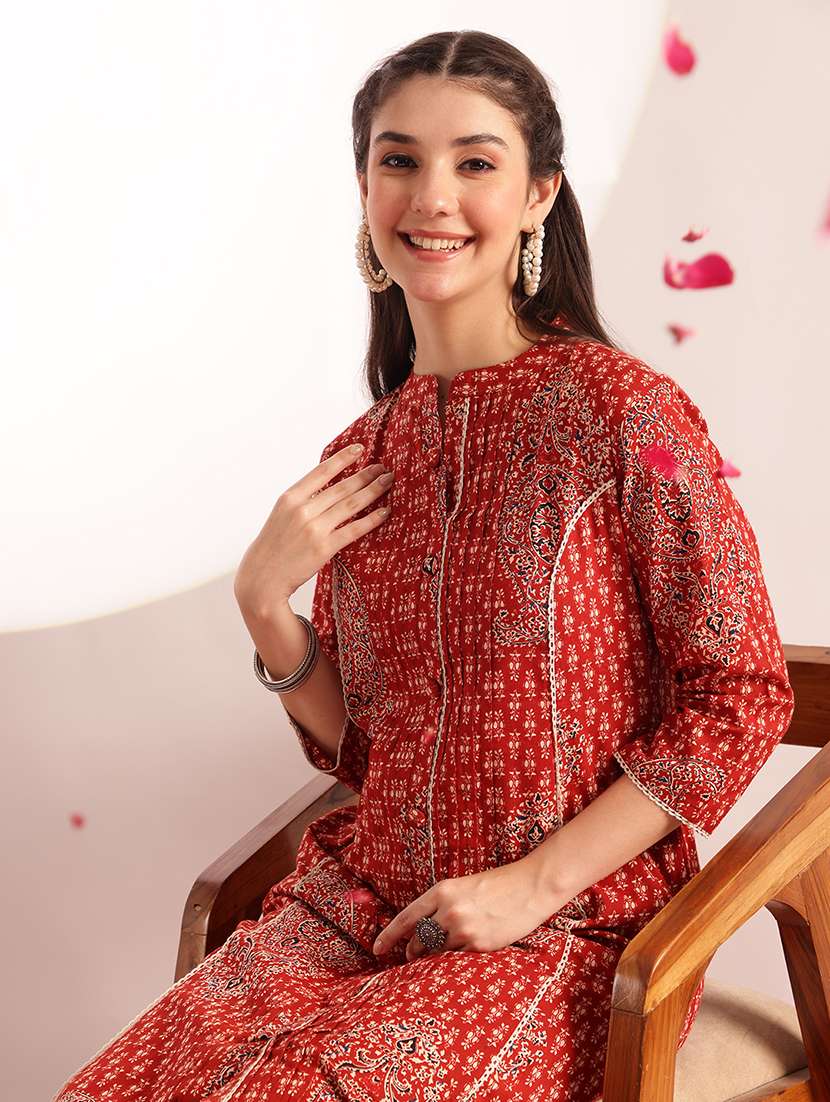 women printed three quarter sleeves kurta pant set - 22571049 -  Standard Image - 4