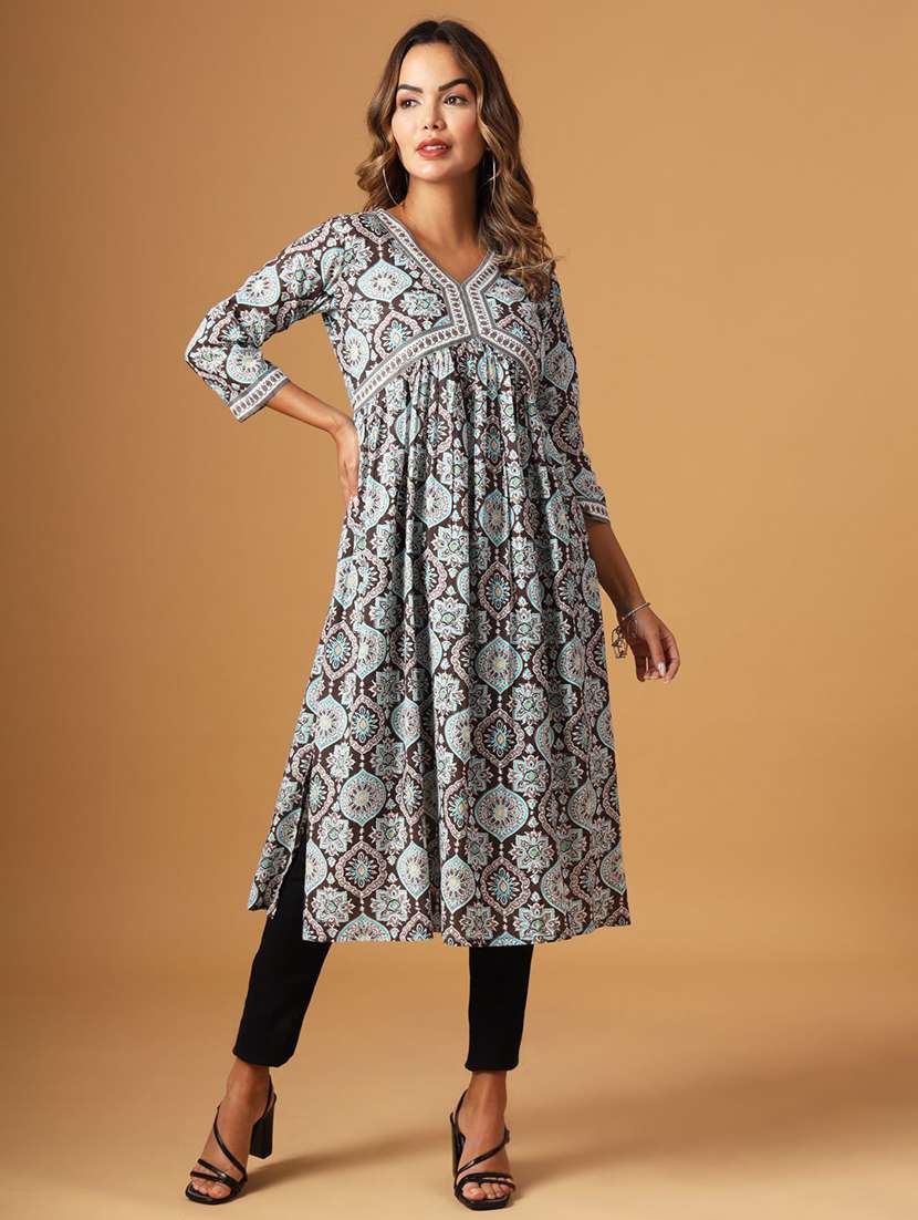 women printed three quarter sleeves a-line kurta