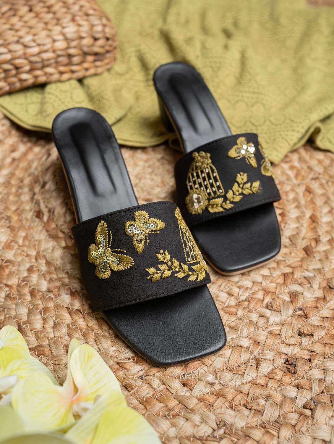 women embroidered slip on sandal