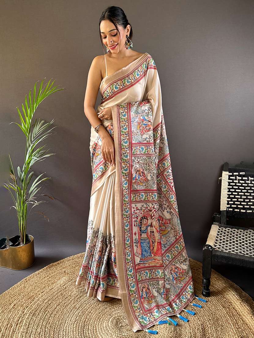 women madhubani printed saree with blouse