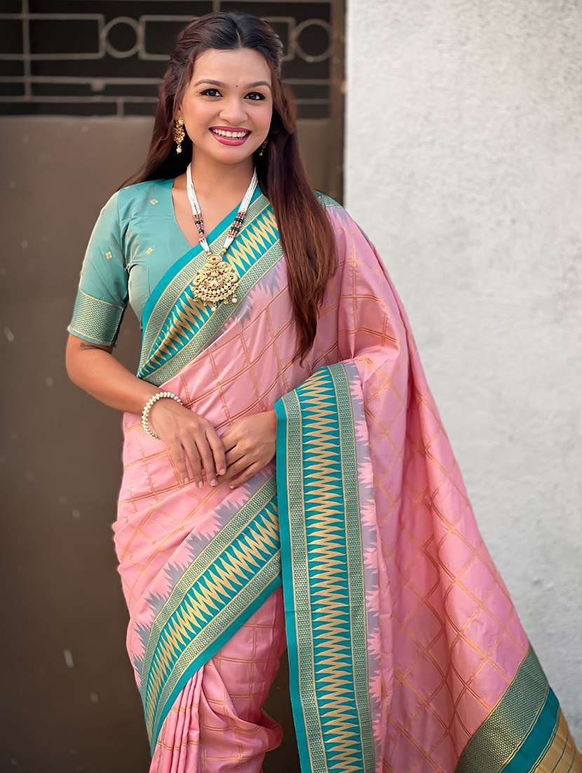 women checkered bordered saree with blouse - 22571699 -  Standard Image - 1