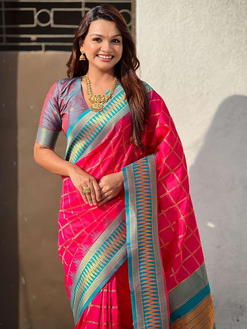 women checkered bordered saree with blouse - 22571704 -  Standard Image - 1