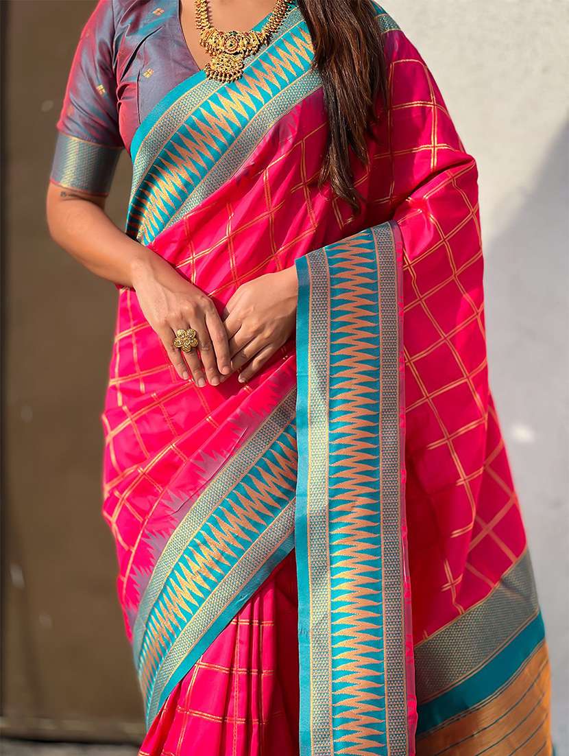 women checkered bordered saree with blouse - 22571704 -  Standard Image - 4