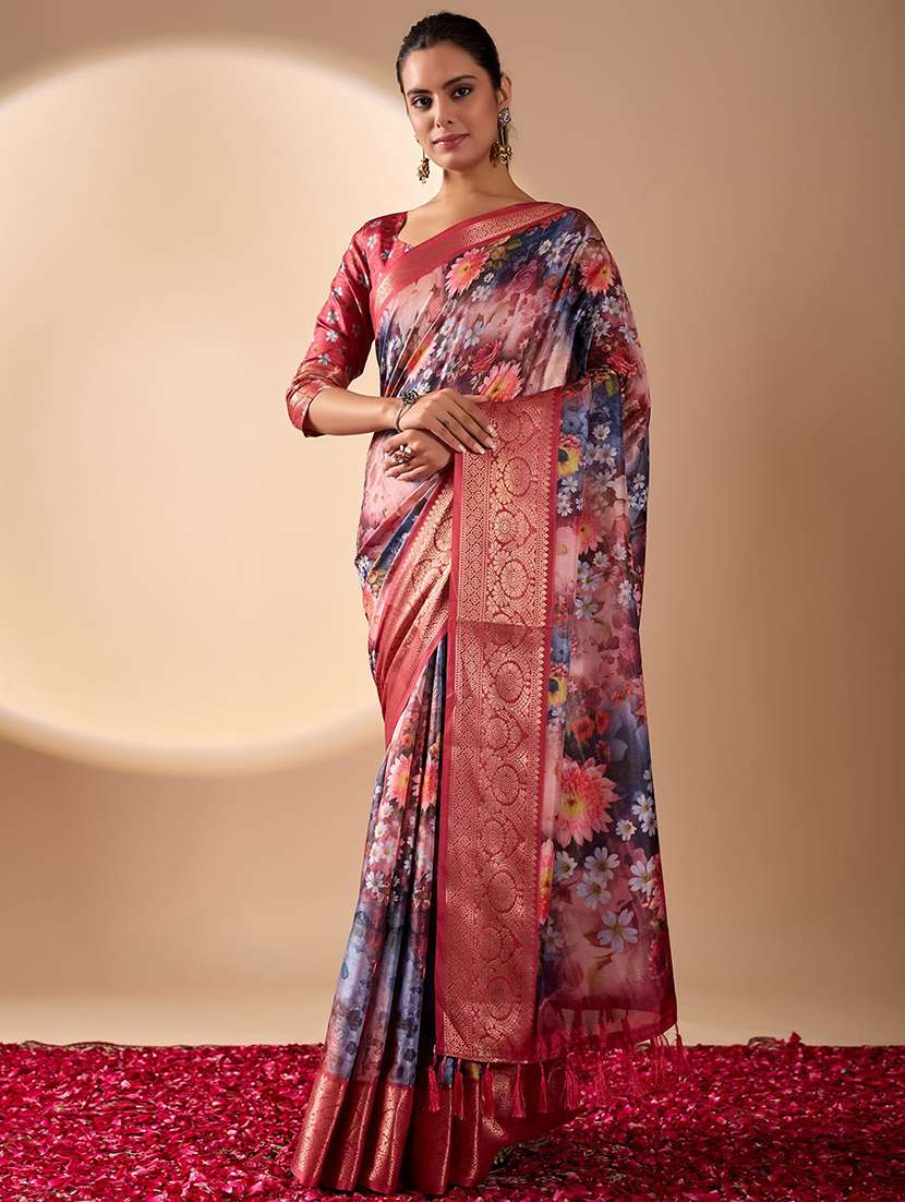 women printed bordered saree with blouse