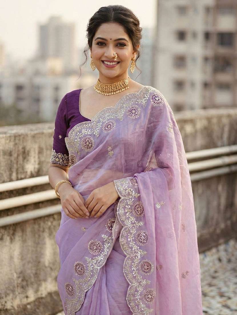 women solid with work embroidered saree with blouse - 22571918 -  Standard Image - 1