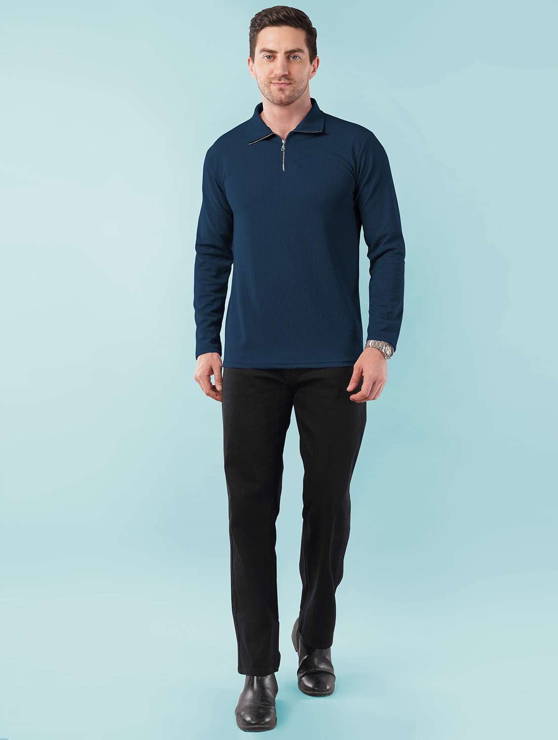 men textured long sleeves polo t-shirt - 22572188 -  Standard Image - 4