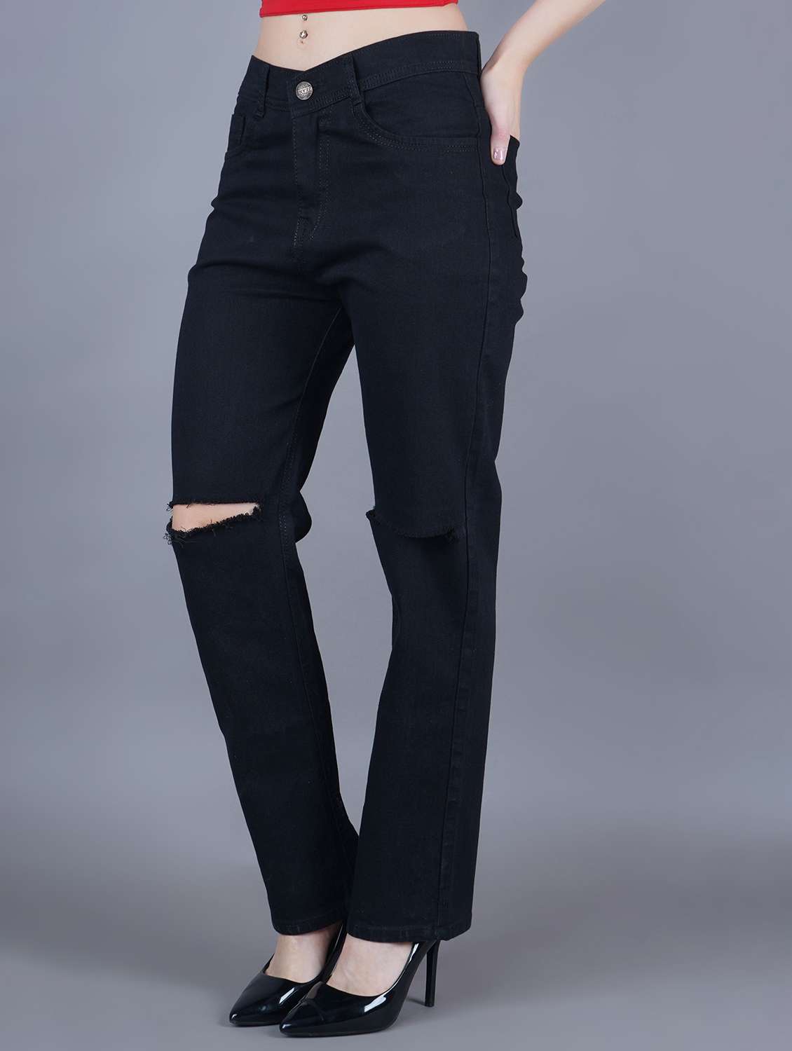 women slashed knee mid rise straight jeans