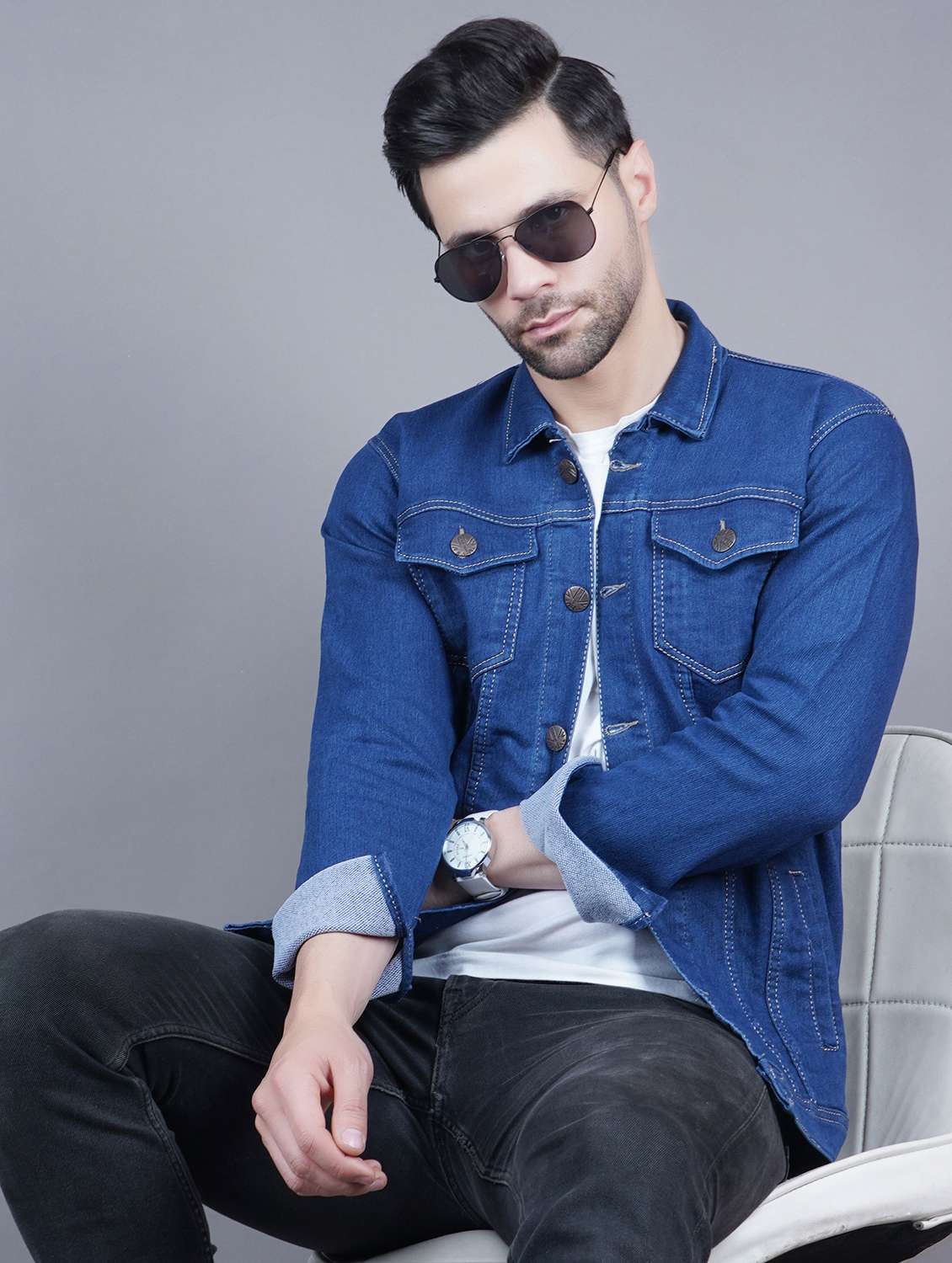 men solid long sleeves denim jacket