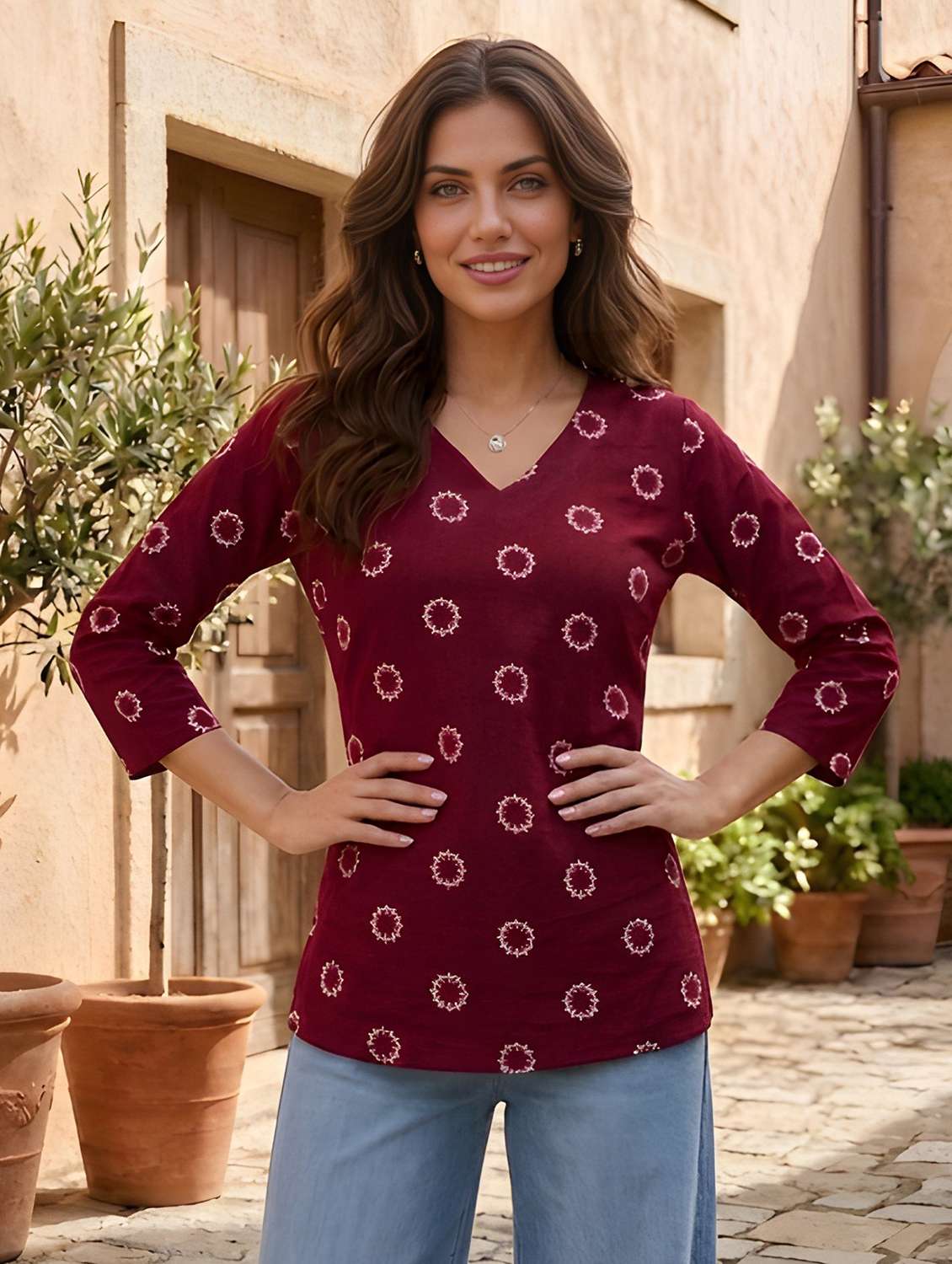 women printed three quarter sleeves straight kurti