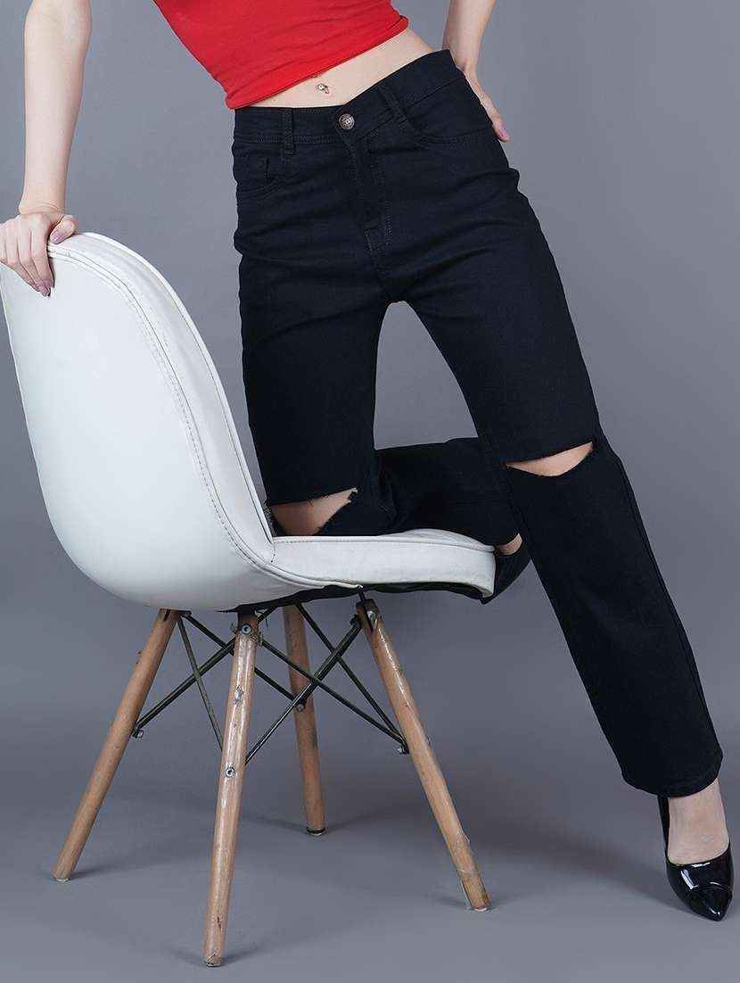women slashed knee mid rise straight jeans