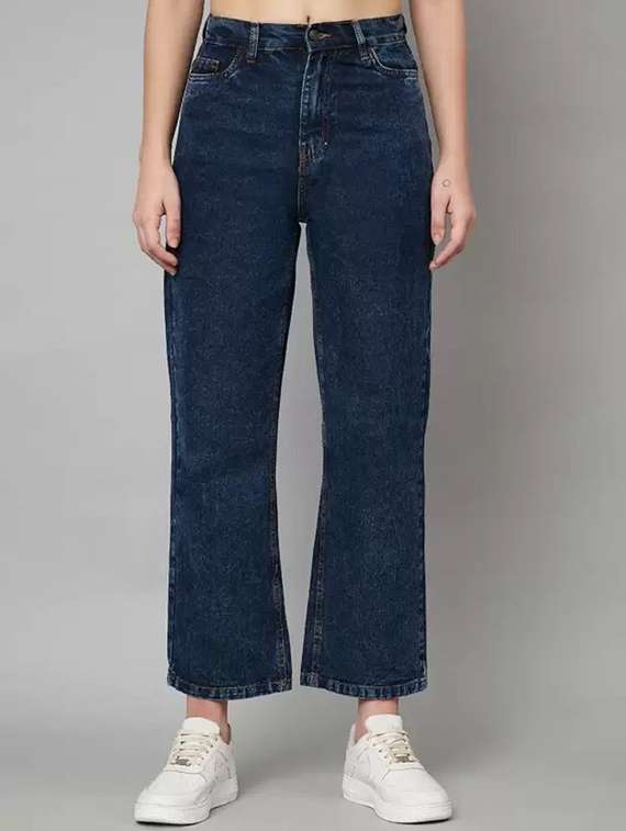 women washed mid rise straight jeans