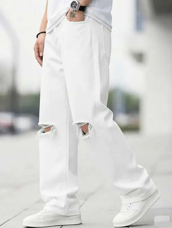 men solid mid rise slashed knee straight jeans - 22575836 -  Standard Image - 1