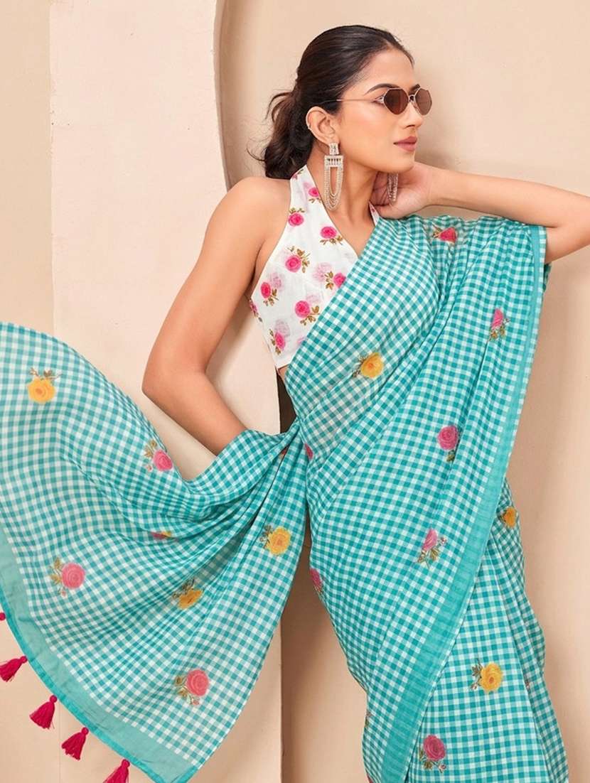 women checkered printed saree with blouse - 22576592 -  Standard Image - 1