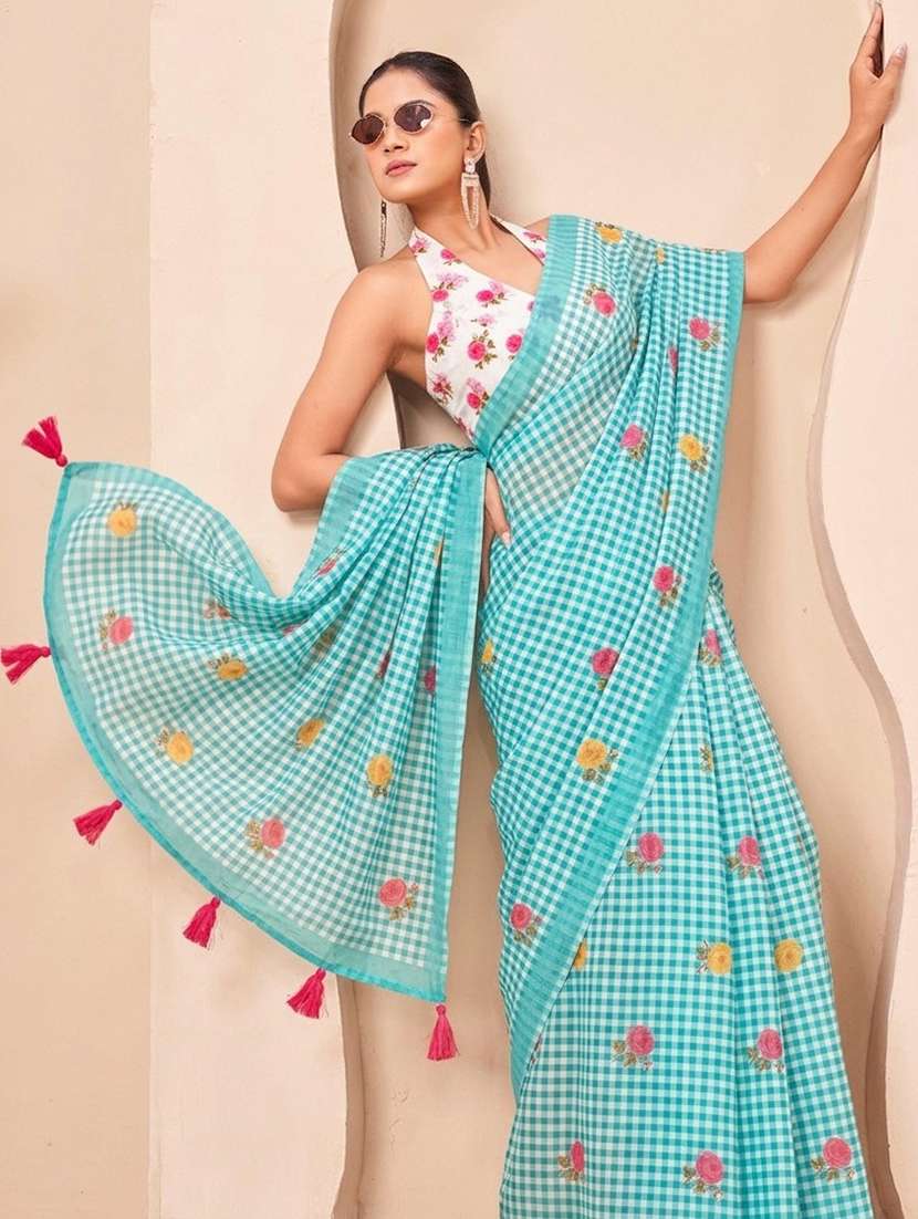 women checkered printed saree with blouse - 22576592 -  Standard Image - 4