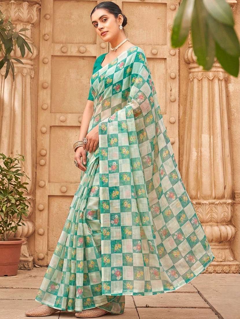 turquoise cotton blend printed saree with blouse - 22576599 -  Standard Image - 1