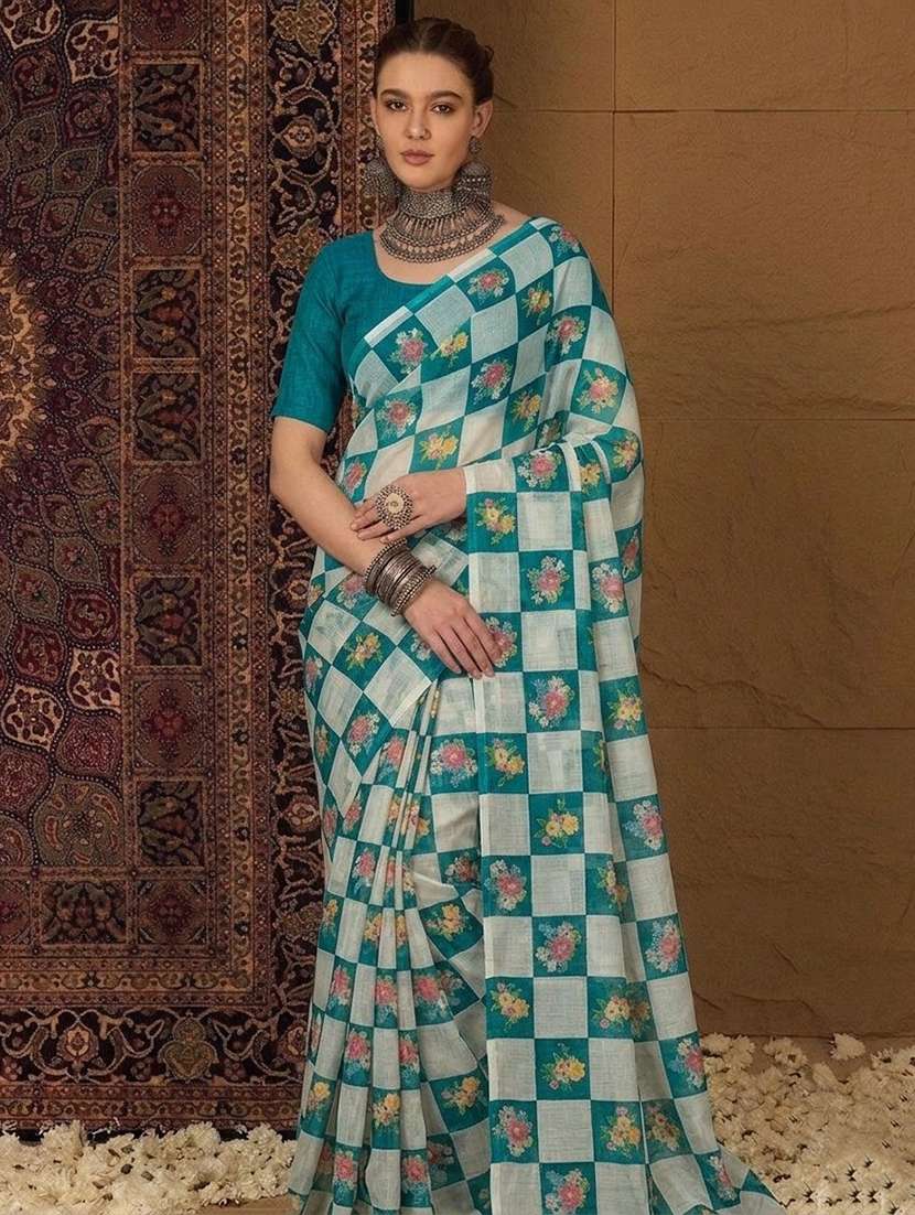 turquoise cotton blend printed saree with blouse - 22576607 -  Standard Image - 1