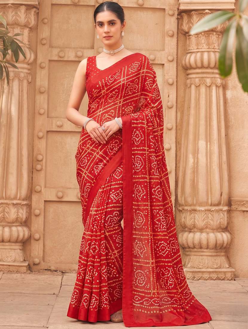 women bandhani printed saree with blouse