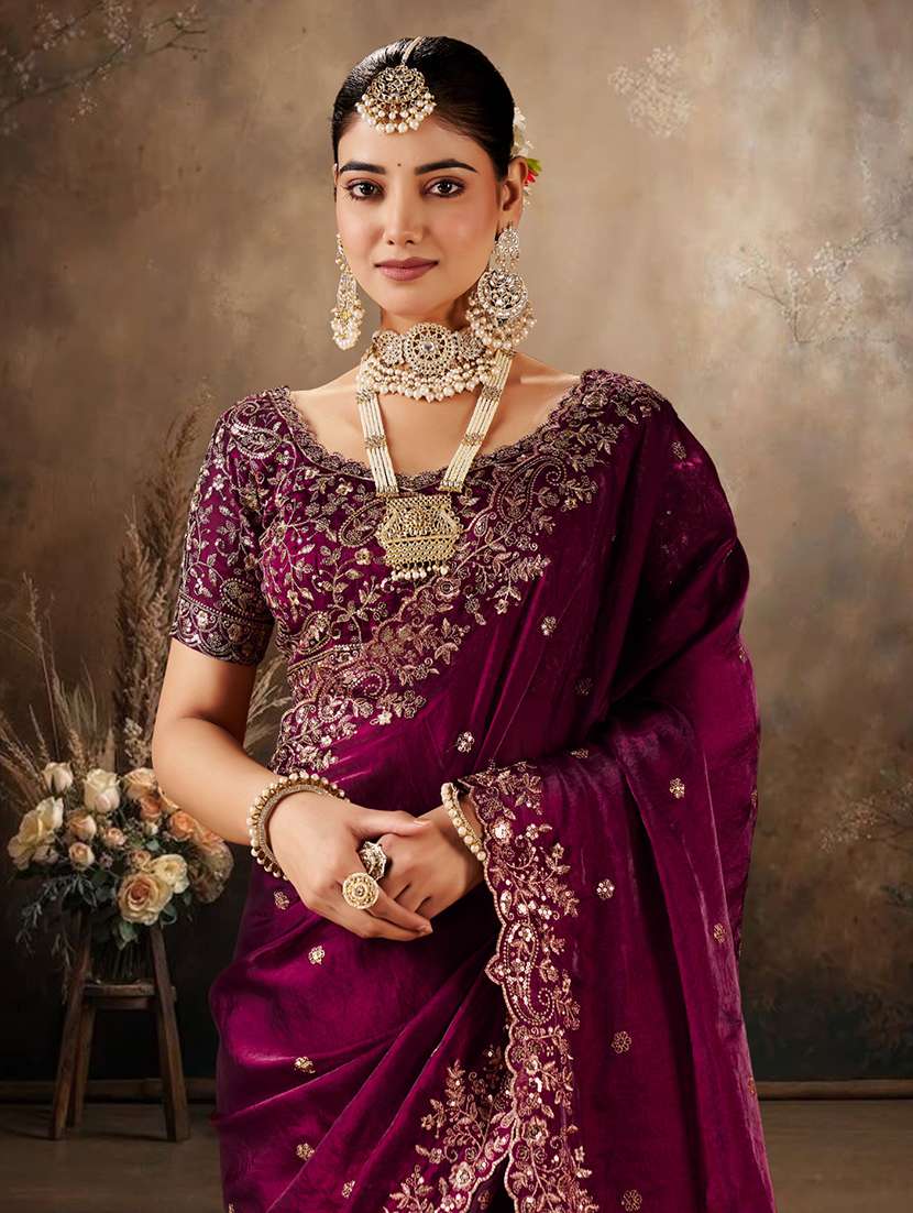 Women Solid With Work Embroidered Saree With Blouse - 22576770 -  Standard Image - 1