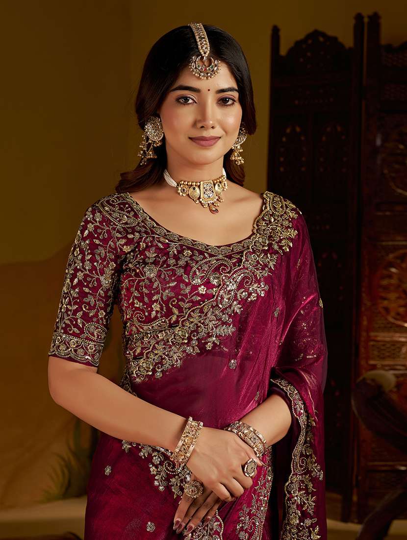 women solid with work embroidered saree with blouse - 22576773 -  Standard Image - 1