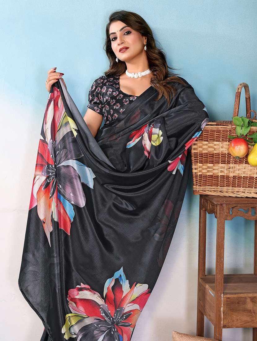 Black Silk Blend Printed Saree With Blouse - 22576863 -  Standard Image - 1