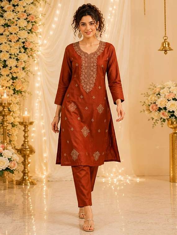 women embroidered three quarter sleeves kurta pant set - 22576900 -  Standard Image - 1