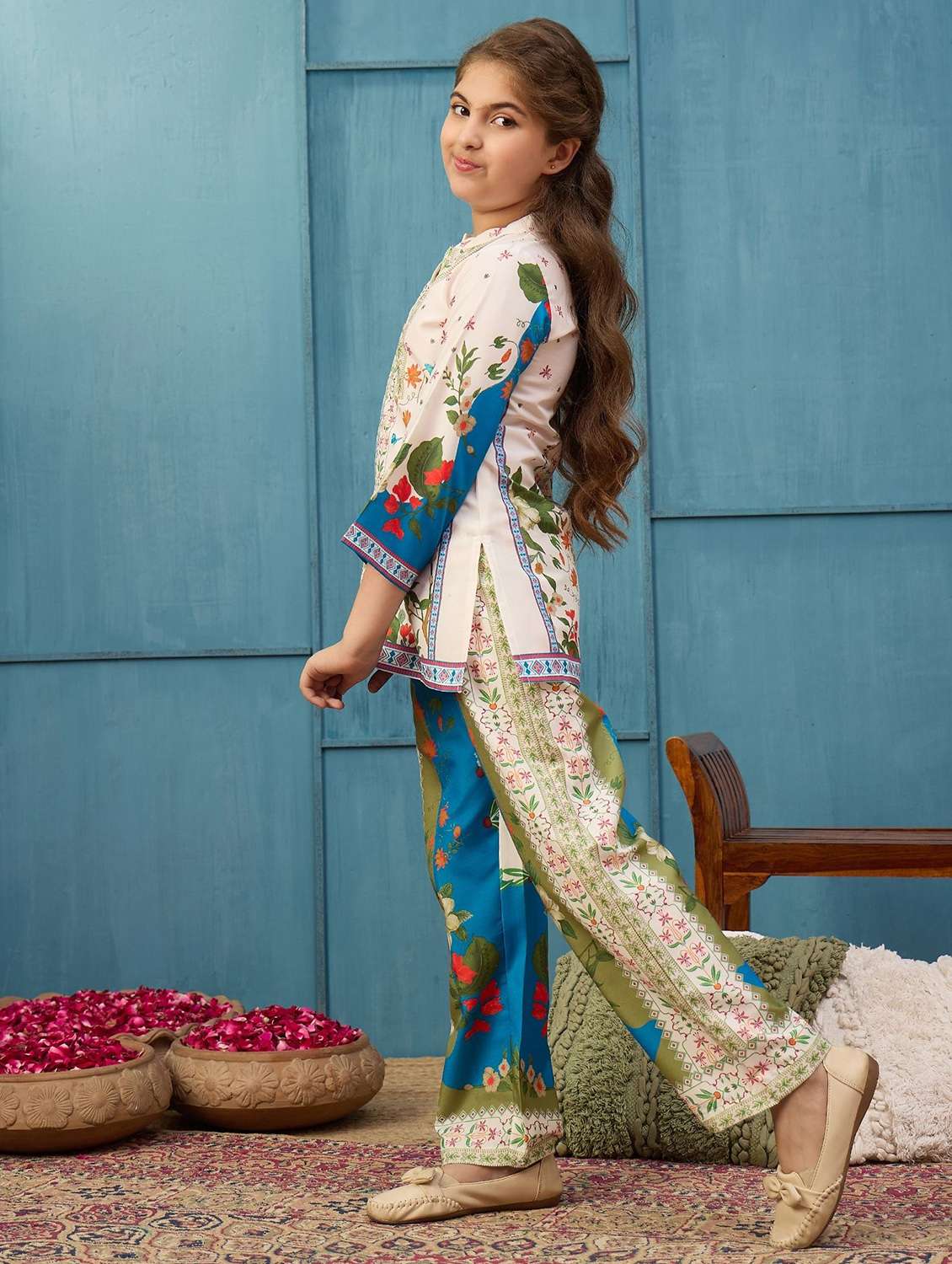 girls printed three quarter sleeves top and trouser co-ord set - 22576943 -  Standard Image - 1