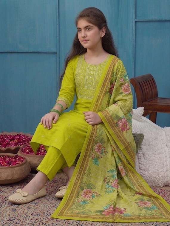 girls embroidered three quarter sleeves kurta pant set with dupatta - 22576946 -  Standard Image - 4