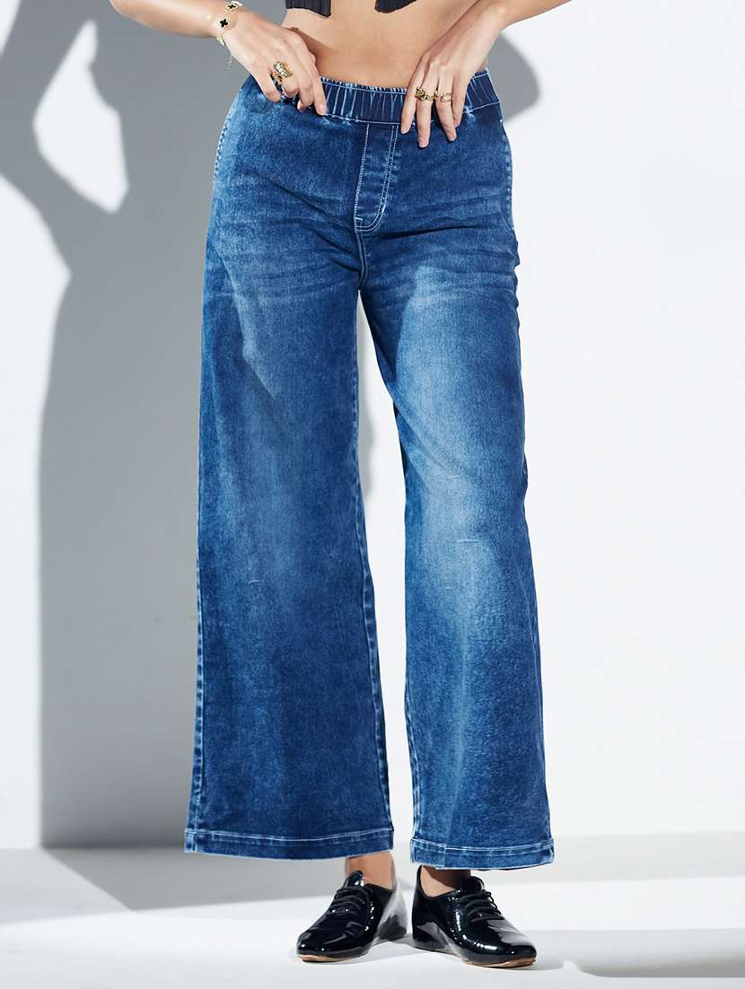 women washed high rise wide leg jeans
